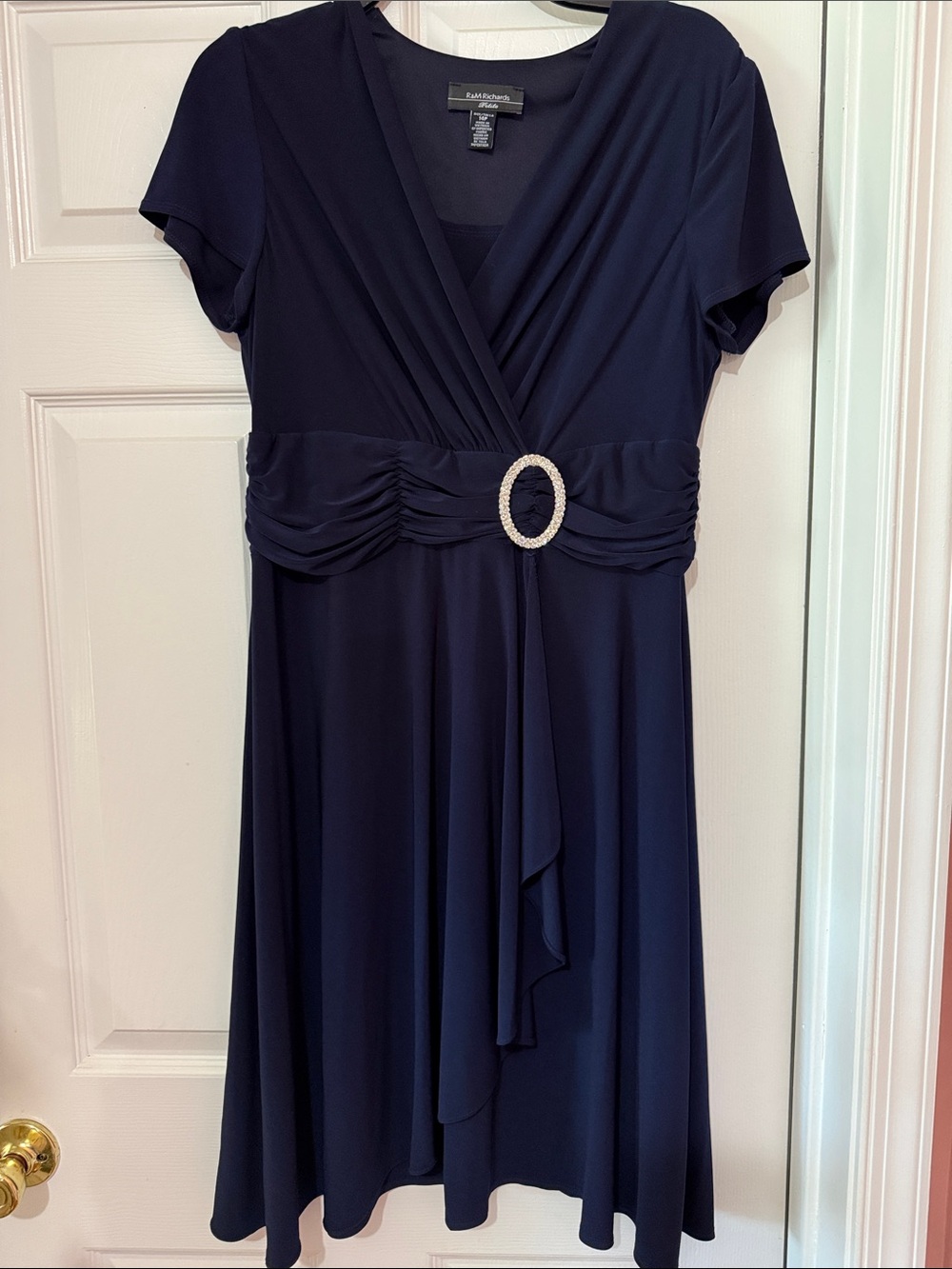 R&M Richards Navy Midi Dress with Jeweled Oval Buckle